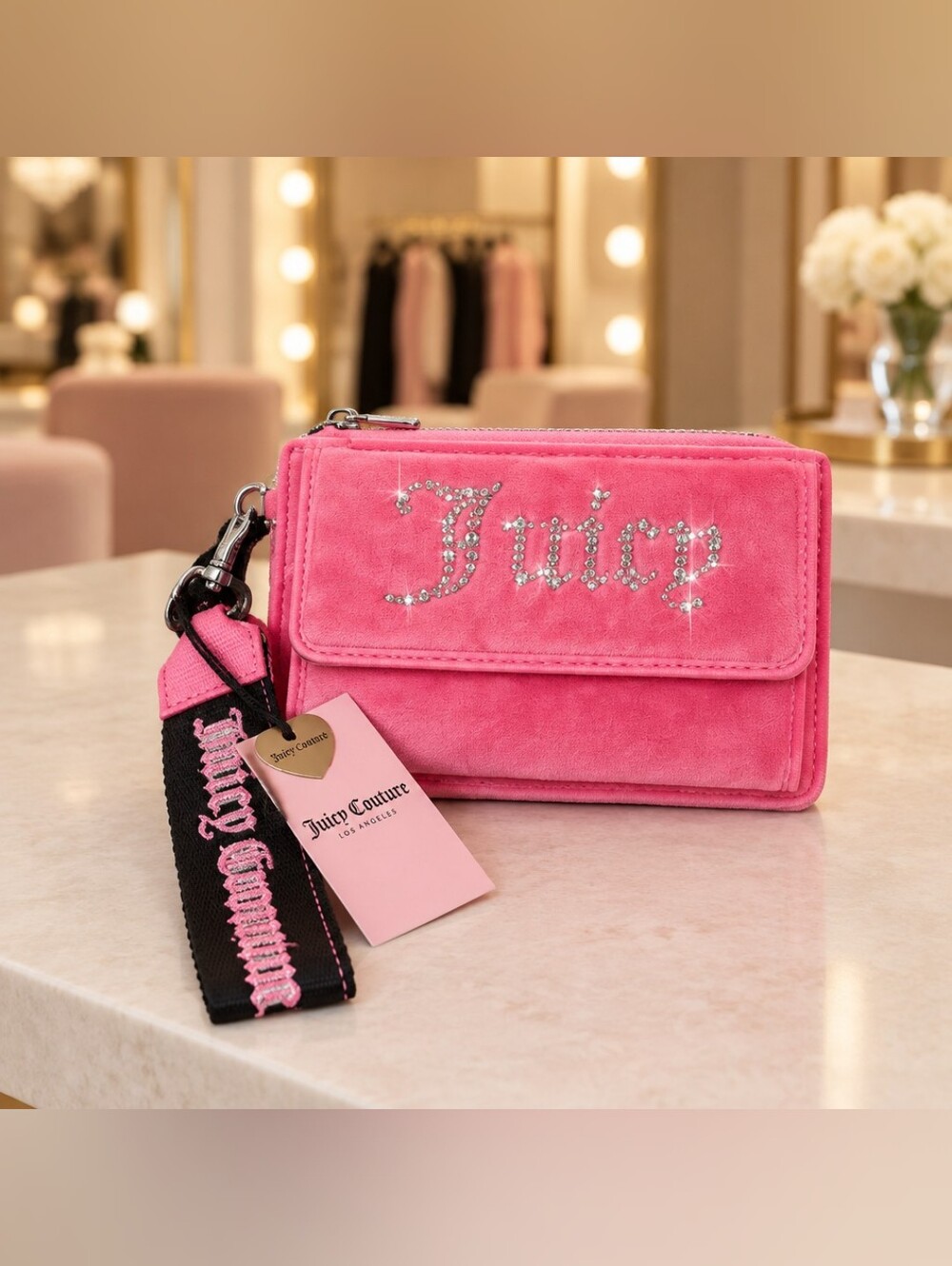 Juicy Couture Pink Rhinestone Logo Velvet Wallet Wristlet